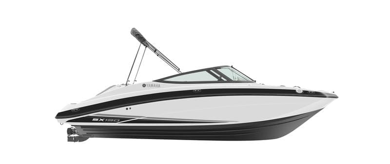 2018 Yamaha Boats SX190 jetboat (19’) – Side-view of boat for sale (stock image). Actual colors of boat for sale.